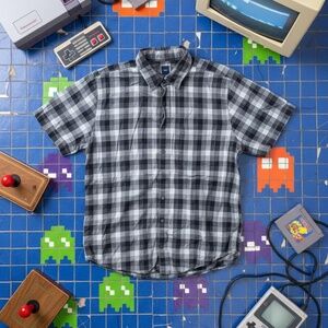 Gap Plaid Short-Sleeve Button-Down Black/Gray XL